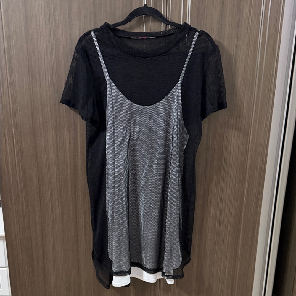 Black Layered Mesh Tank Top with‎ Silver Slip